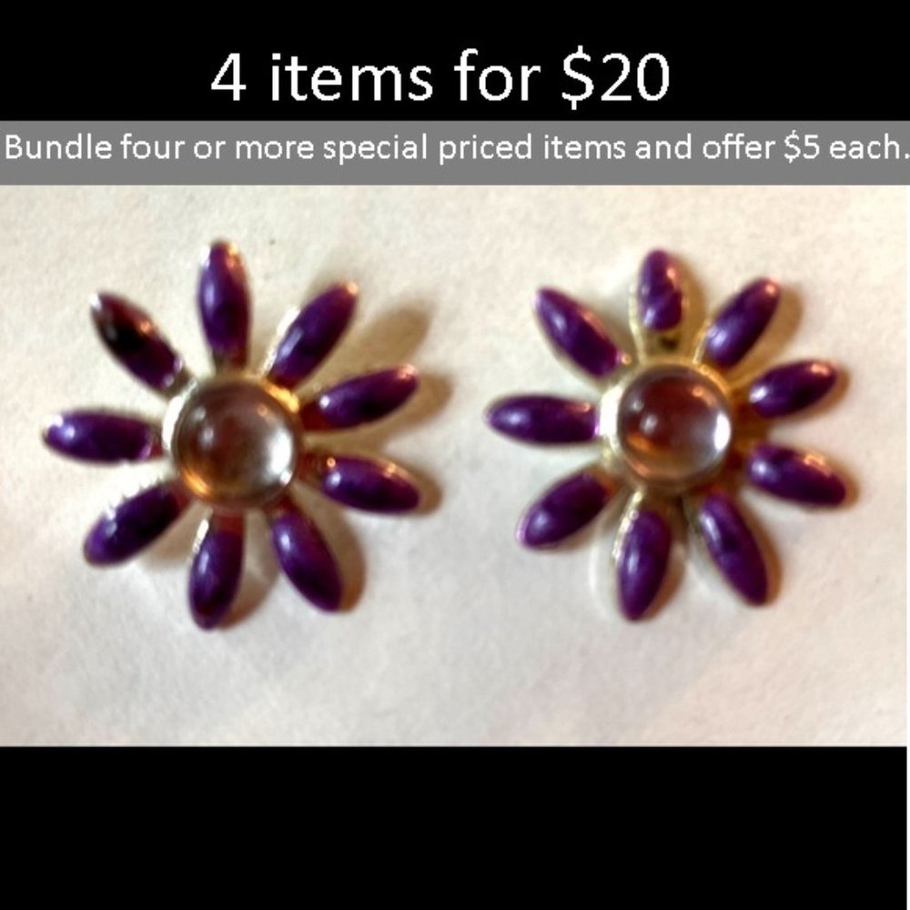 Vintage Purple and Silver Enamel Flower Pierced Earrings